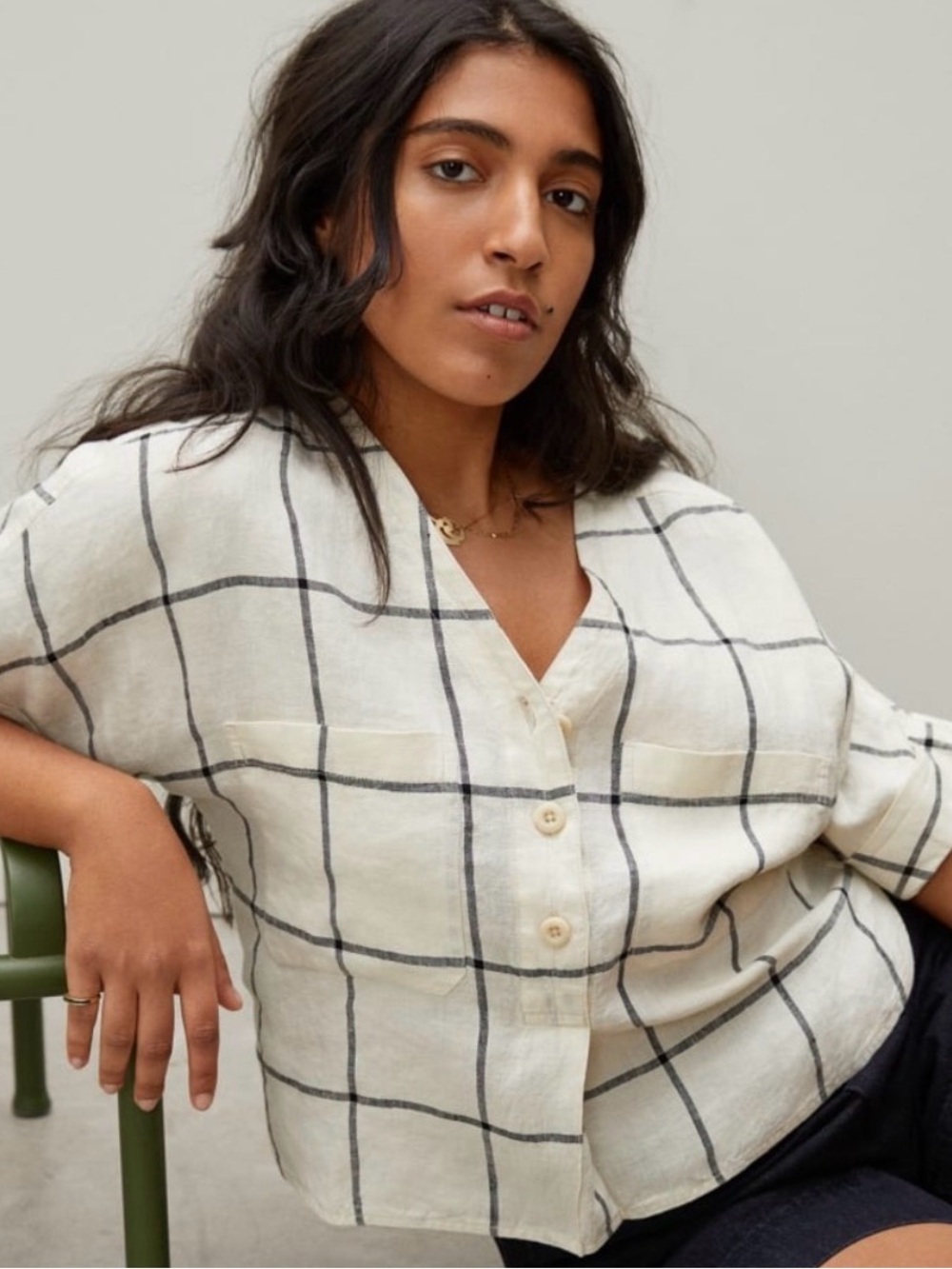 Everlane The Linen Utility Shirt Cream Plaid Popover Top